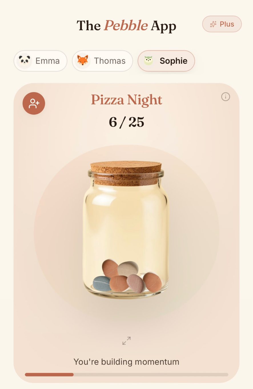 The Pebble App home screen showing Sophie's Pizza Night reward jar with 6 of 25 Pebbles collected.
