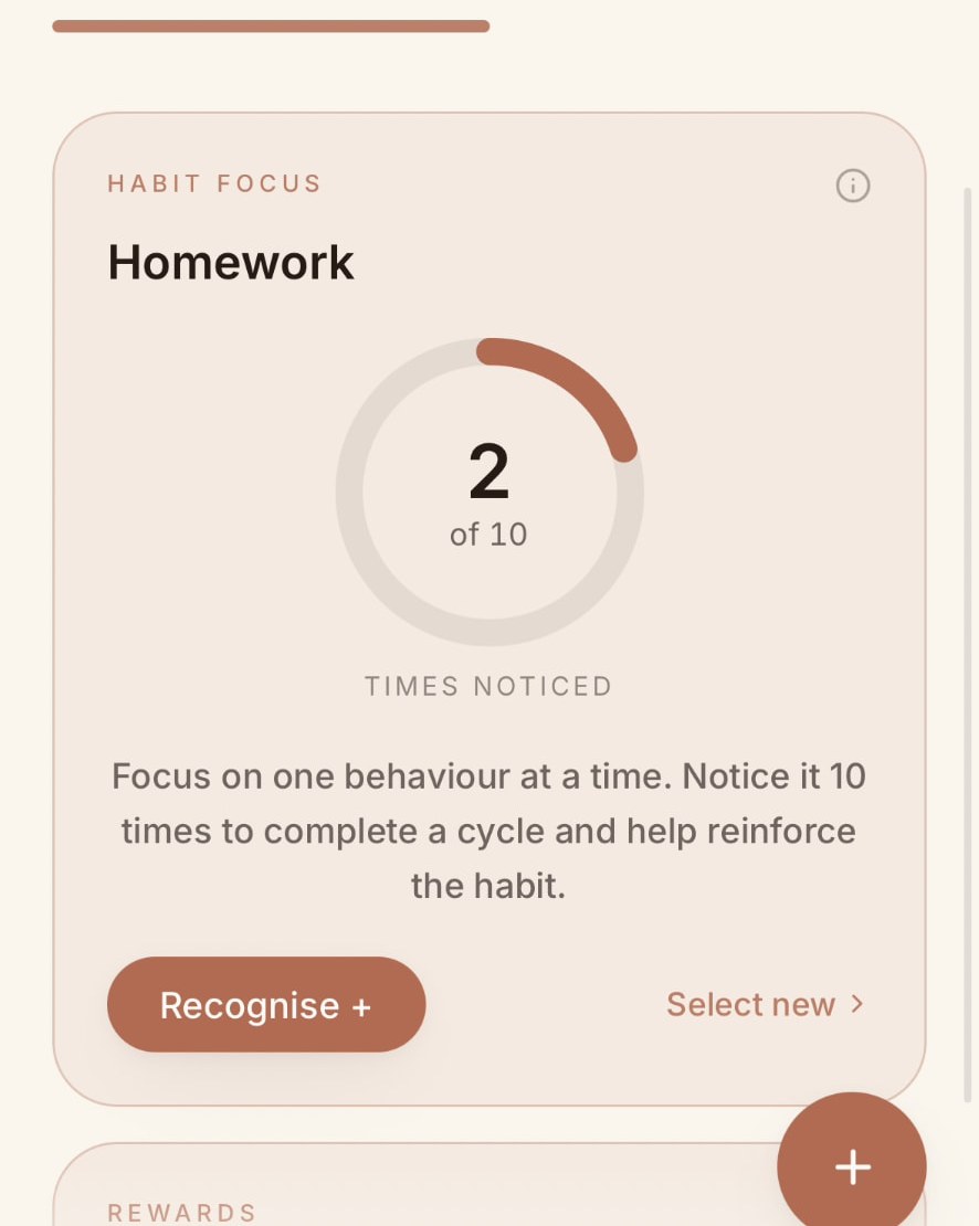 The Habit Focus card in The Pebble App showing Homework noticed 2 of 10 times.