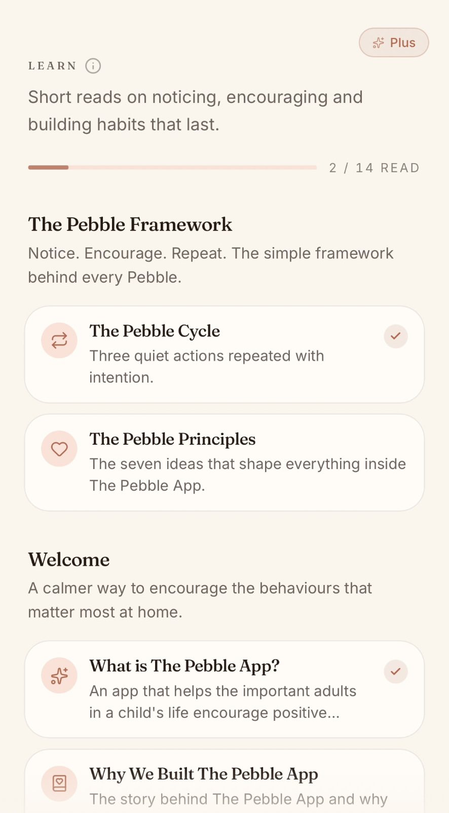 The Learn section of The Pebble App listing short reads on the Pebble Framework and Pebble Principles.
