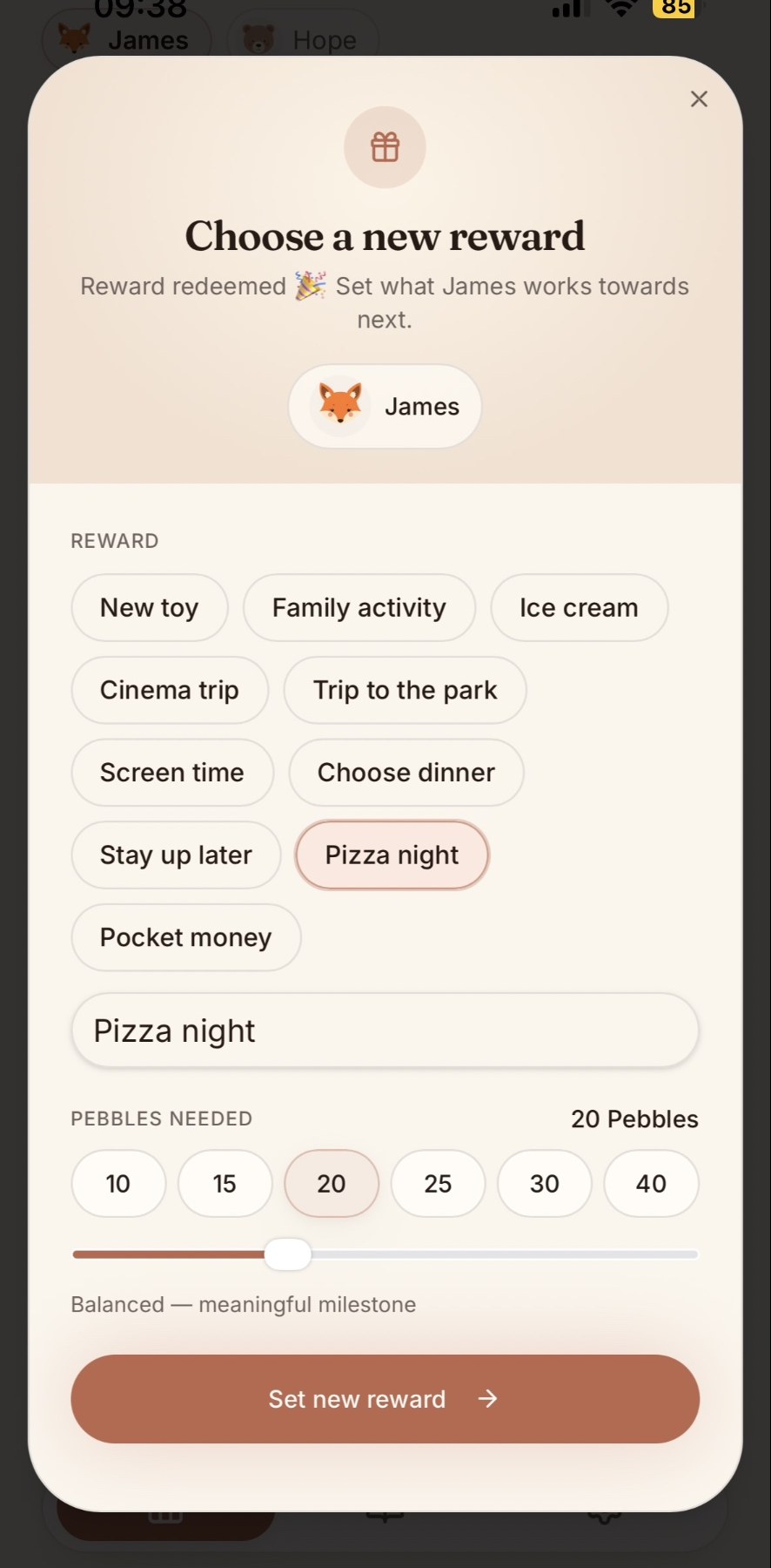 Choosing a new reward in The Pebble App, with Pizza night selected and 20 Pebbles needed.