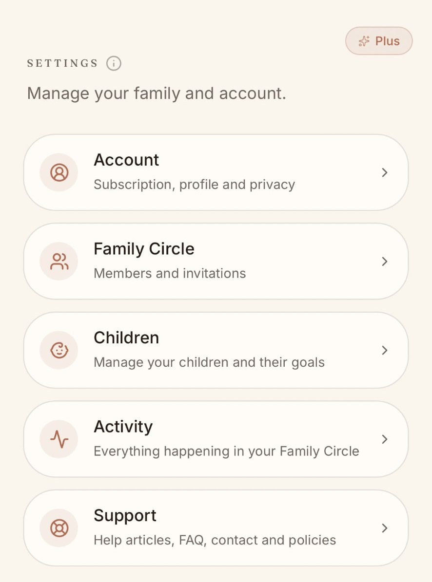 The Settings screen of The Pebble App showing Account, Family Circle, Children, Activity and Support.